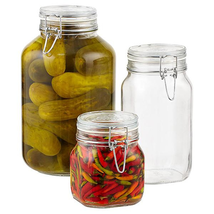 Factory direct sale clip cap 500ml 1000ml round airtight glass jars and bottles with plastic lid