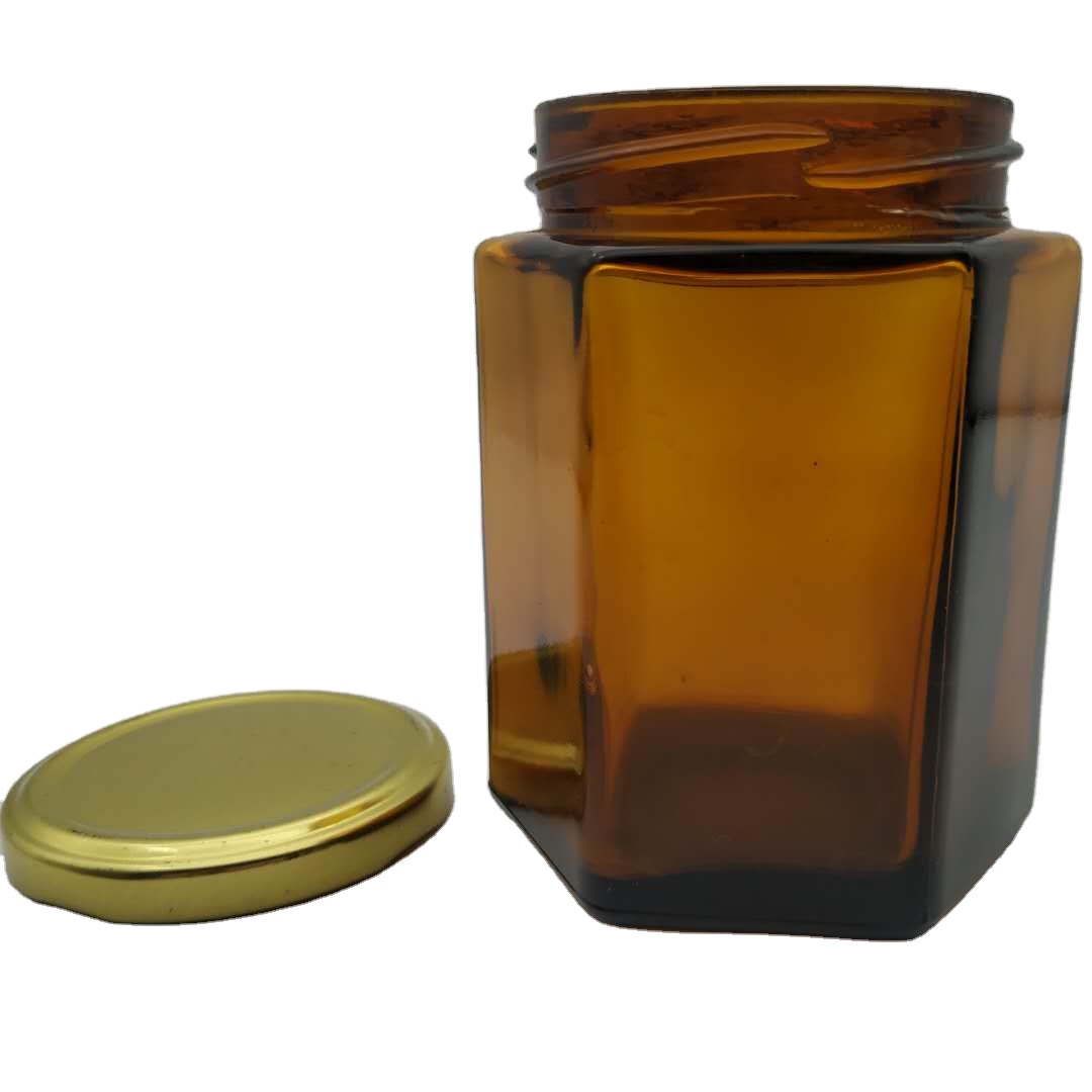 Factory direct sale hexagonal glass honey jar with metal lid 280 ml
