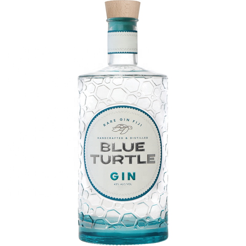 Factory direct sales embossed blue turtle 700ml glass gin bottle in gradient color paint