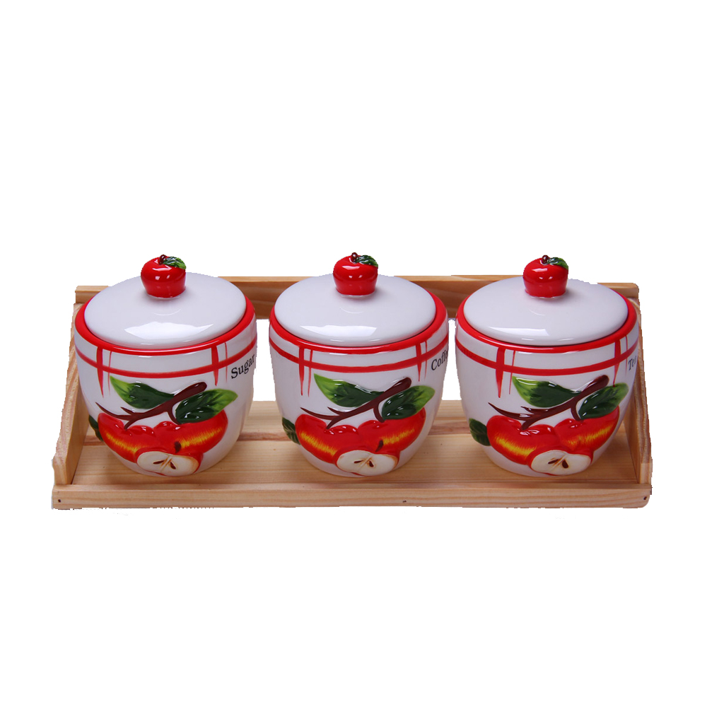 Factory hot sale ceramic unique colorful kitchen canister set with wooden stand