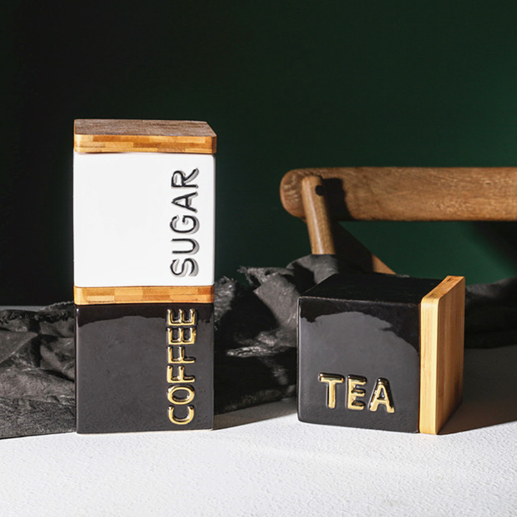 Factory manufacture kitchen square food storage jar tea coffee ceramic canisters with bamboo lid