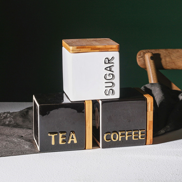 Factory manufacture kitchen square food storage jar tea coffee ceramic canisters with bamboo lid