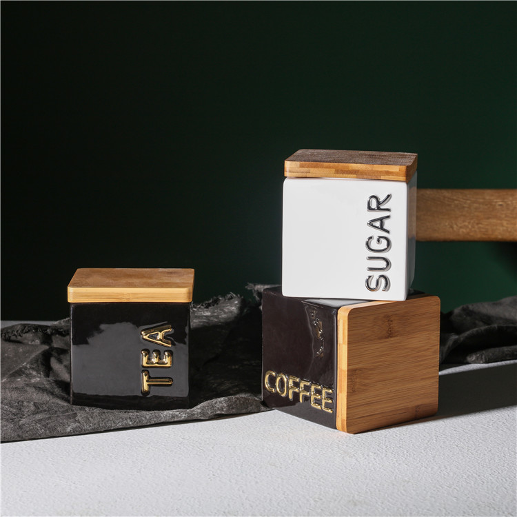 Factory manufacture kitchen square food storage jar tea coffee ceramic canisters with bamboo lid