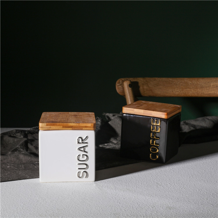 Factory manufacture kitchen square food storage jar tea coffee ceramic canisters with bamboo lid