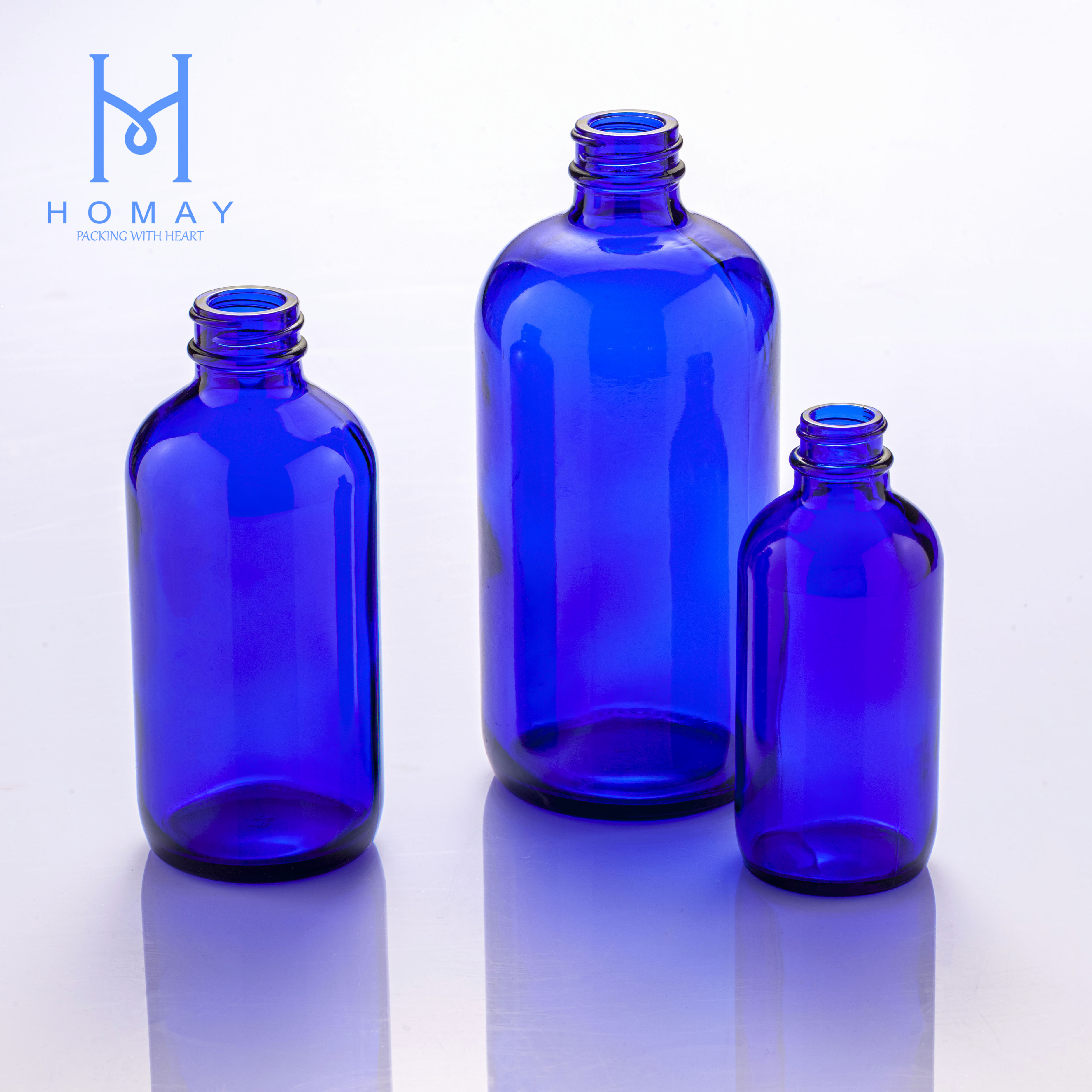 Factory outlet 0.5oz 1oz 2oz 4oz 8oz 16oz blue glass boston round bottle with dropper cap and spray pump