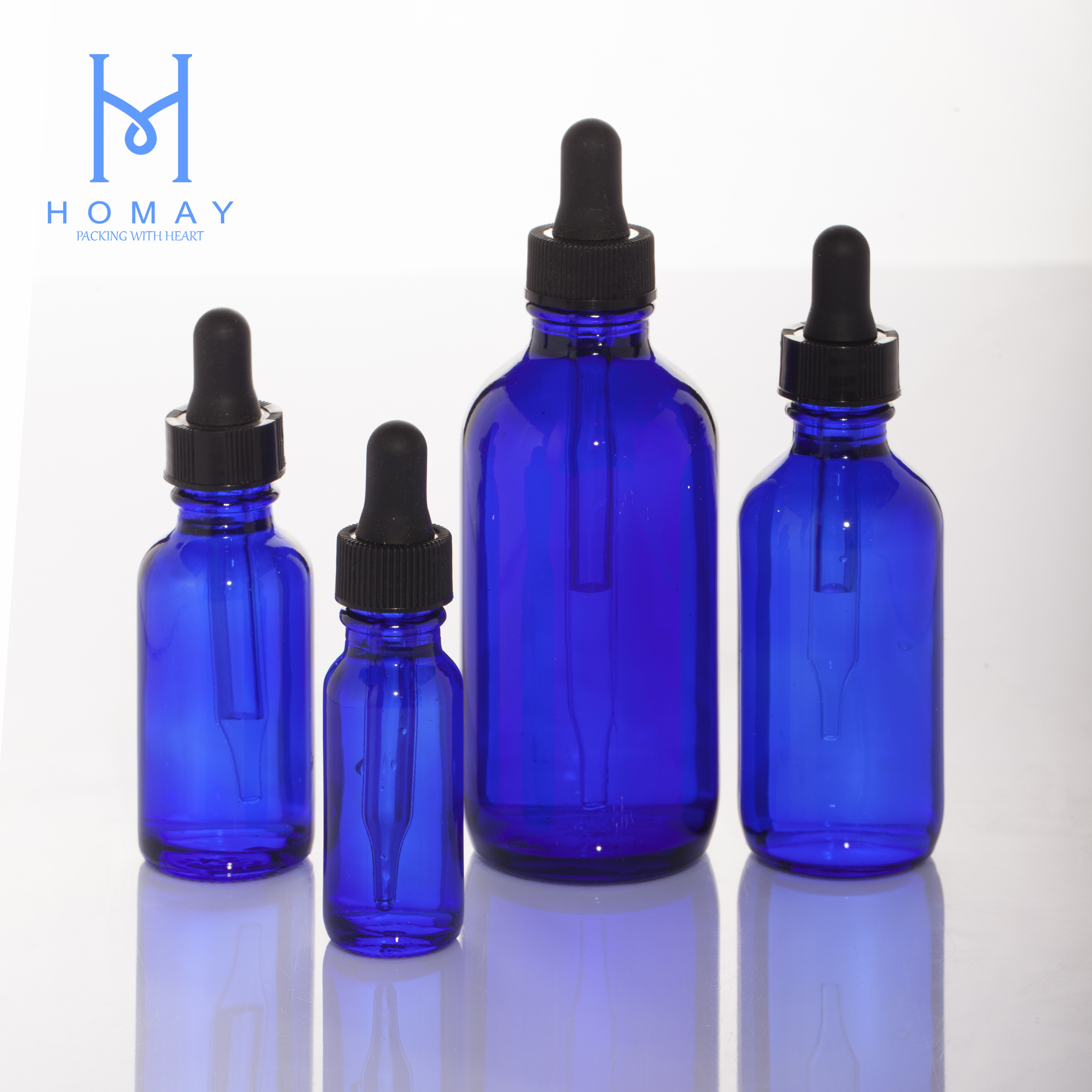 Factory outlet 0.5oz 1oz 2oz 4oz 8oz 16oz blue glass boston round bottle with dropper cap and spray pump