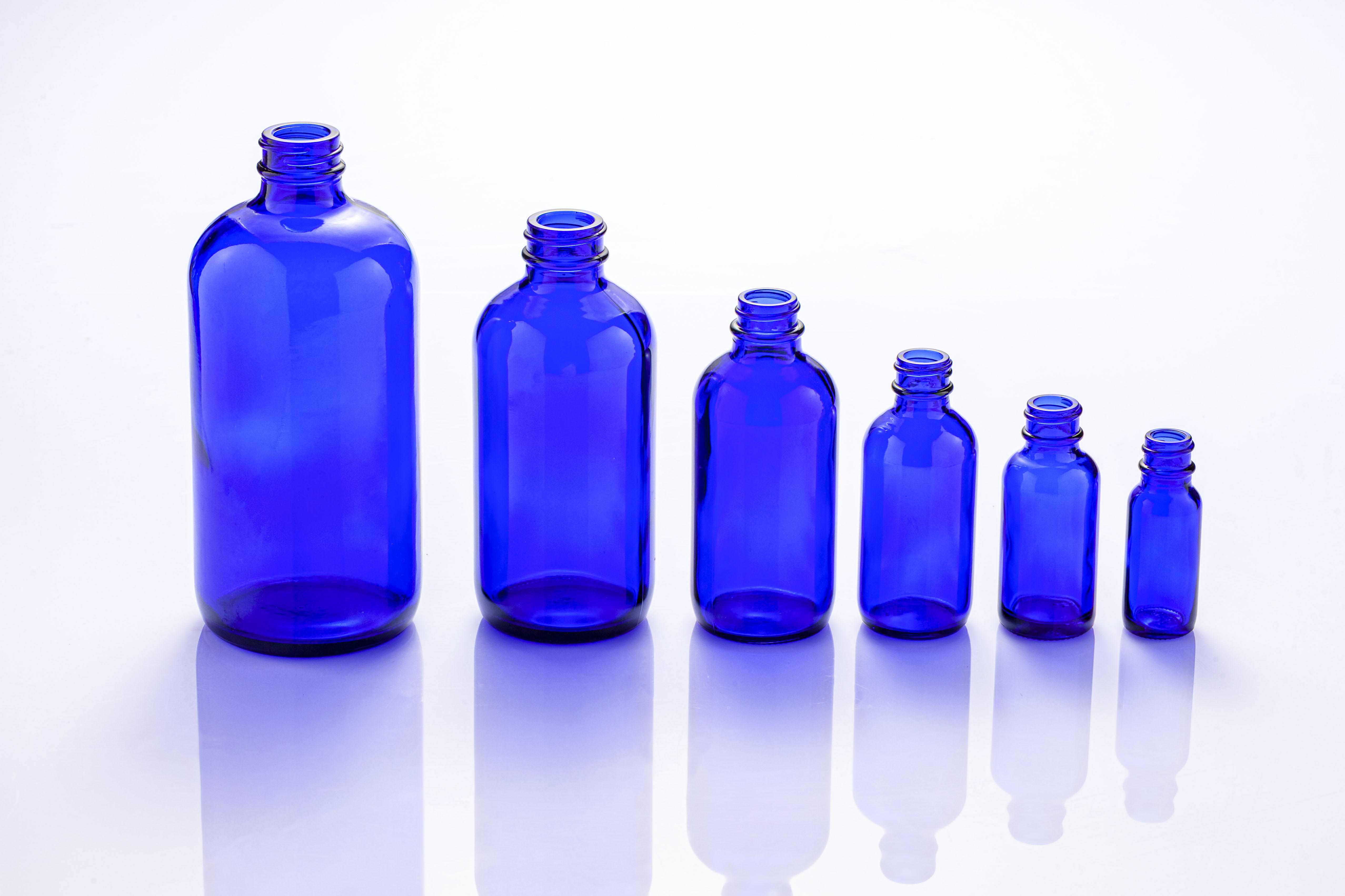 Factory outlet 0.5oz 1oz 2oz 4oz 8oz 16oz blue glass boston round bottle with dropper cap and spray pump