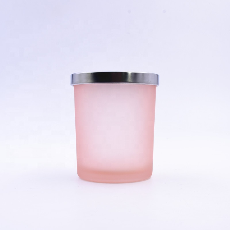 Factory price 200 ML translucent matte pink empty round custom candle holder glass jar with sealed metal lid