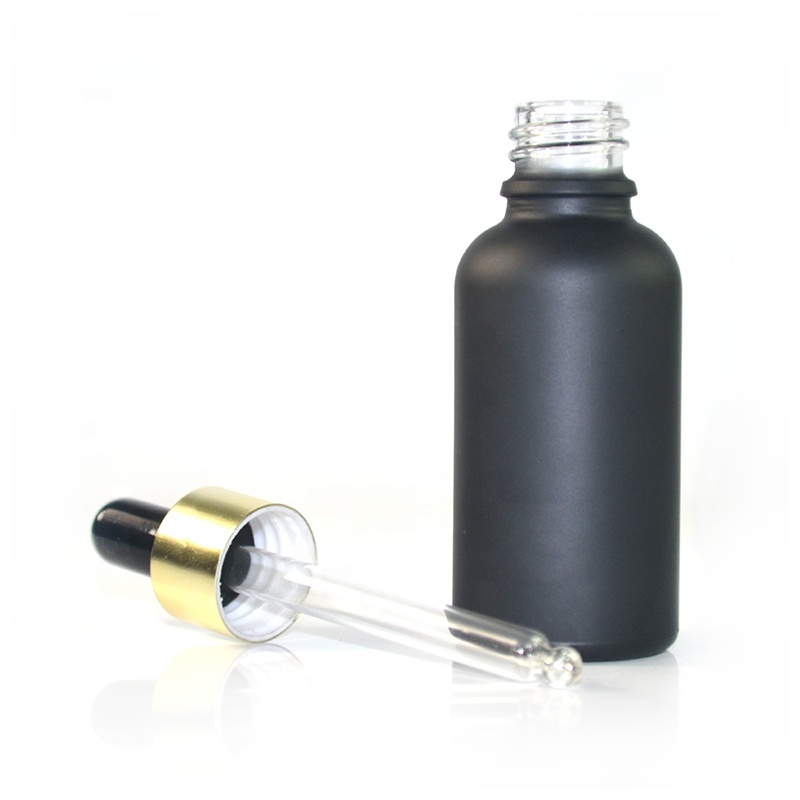 Factory price Black frosted essential oil glass bottle5ml 10ml 15ml 20ml 30ml with black aluminium dropper Wholesales