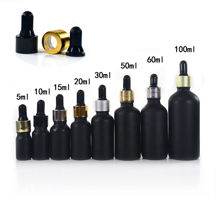 Factory price Black frosted essential oil glass bottle5ml 10ml 15ml 20ml 30ml with black aluminium dropper Wholesales