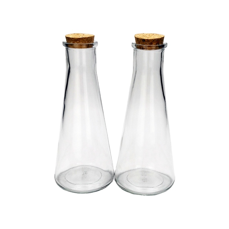 Factory price cone shape 350ml clear glass juice water bottle with cork lid wholesale