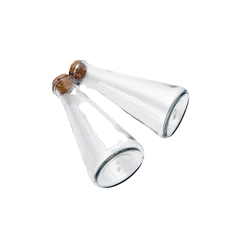 Factory price cone shape 350ml clear glass juice water bottle with cork lid wholesale
