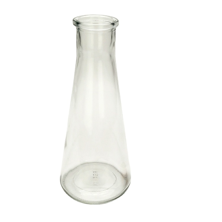 Factory price cone shape 350ml clear glass juice water bottle with cork lid wholesale