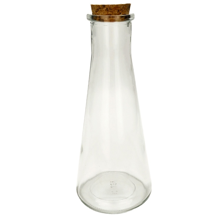 Factory price cone shape 350ml clear glass juice water bottle with cork lid wholesale