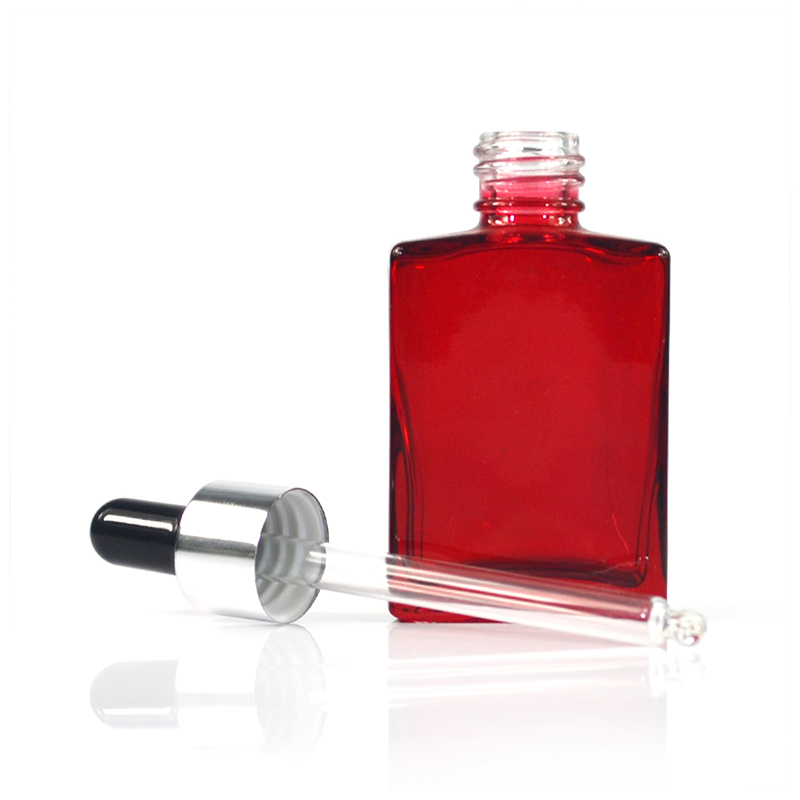 Factory price customized color 30ml essential oil rectangular e liquid red glass dropper bottle with aluminum cap