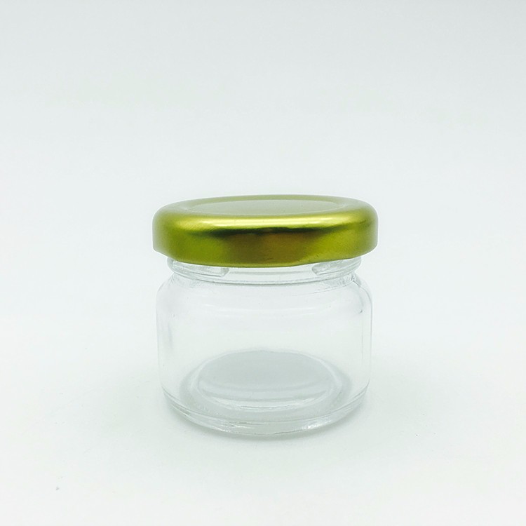 Factory price empty glass bottle with gold lid round shape 30ml mini glass jam jar