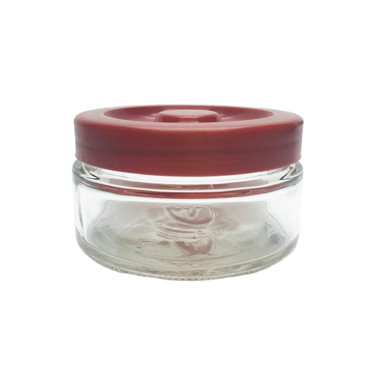 Factory price flat round shape 200 ml glass maple syrup jar with plastic lid