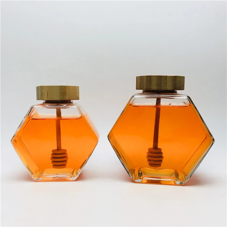Factory price glass honey jar hexagon 250 ml with wooden lid honey jars glass unique