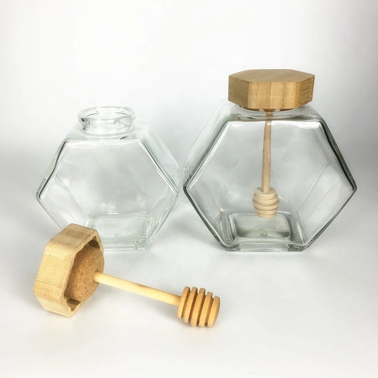 Factory price glass honey jar hexagon 250 ml with wooden lid honey jars glass unique