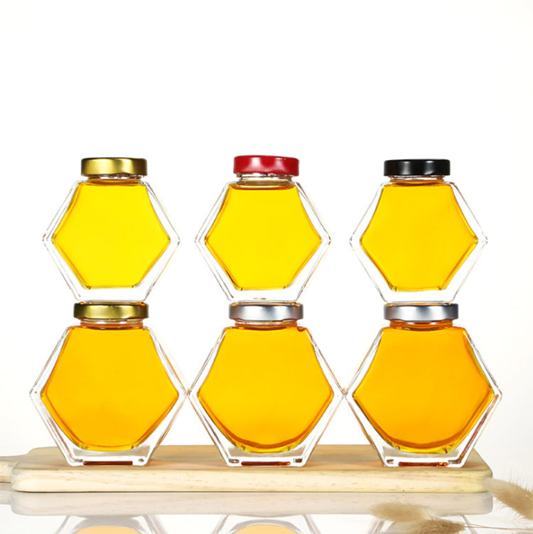 Factory price glass honey jar hexagon 250 ml with wooden lid honey jars glass unique