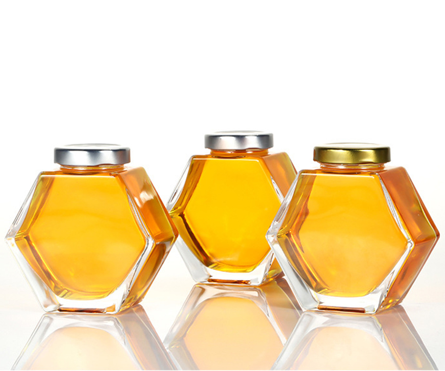 Factory price glass honey jar hexagon 250 ml with wooden lid honey jars glass unique
