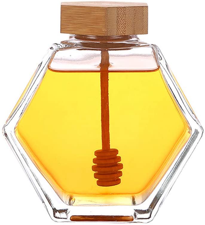 Factory price glass  jar hexagonal glass honey jar with wooden lid and dipper