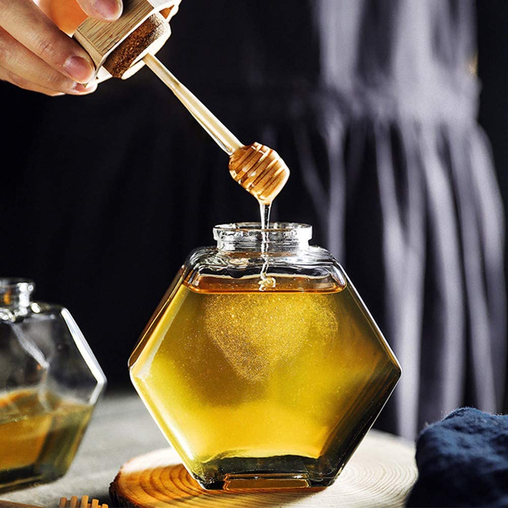 Factory price glass jar hexagonal glass honey jar with wooden lid and dipper