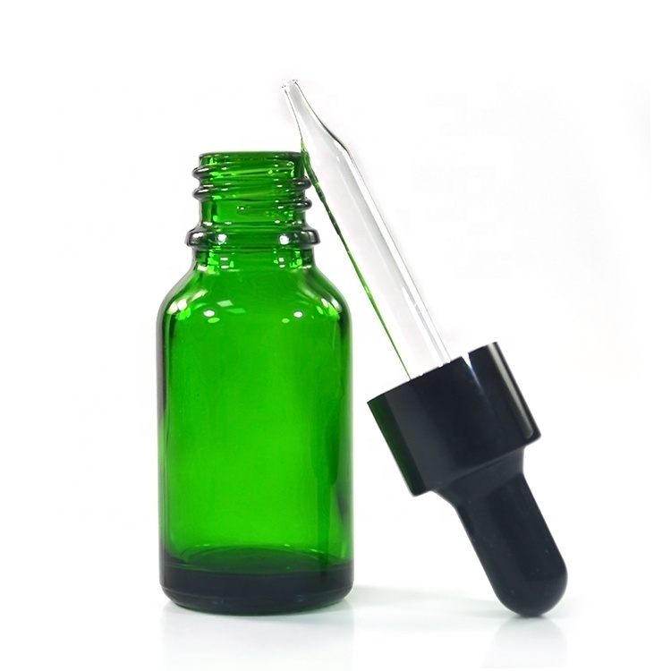 Factory price olive oil 5ml 10ml 15ml 20ml clear amber blue green glass bottle with black aluminium dropper wholesales