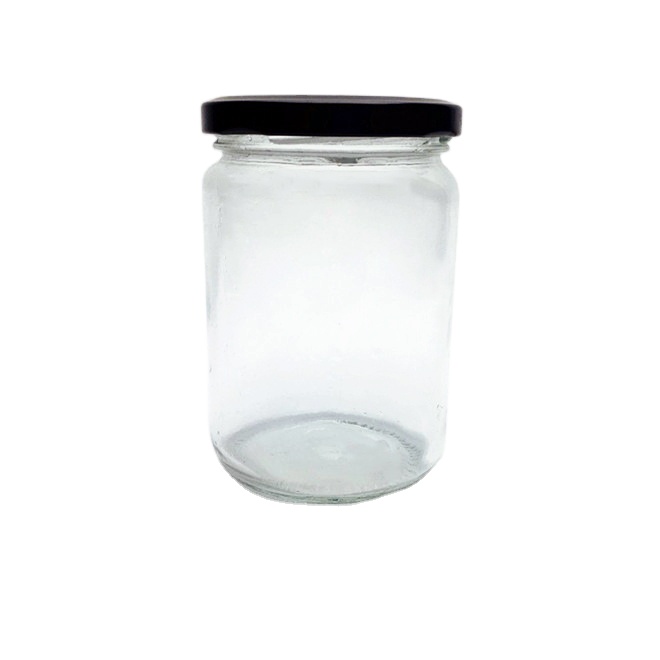 Factory price reusable 350ml round clear glass container jar with metal lid for honey jam spice