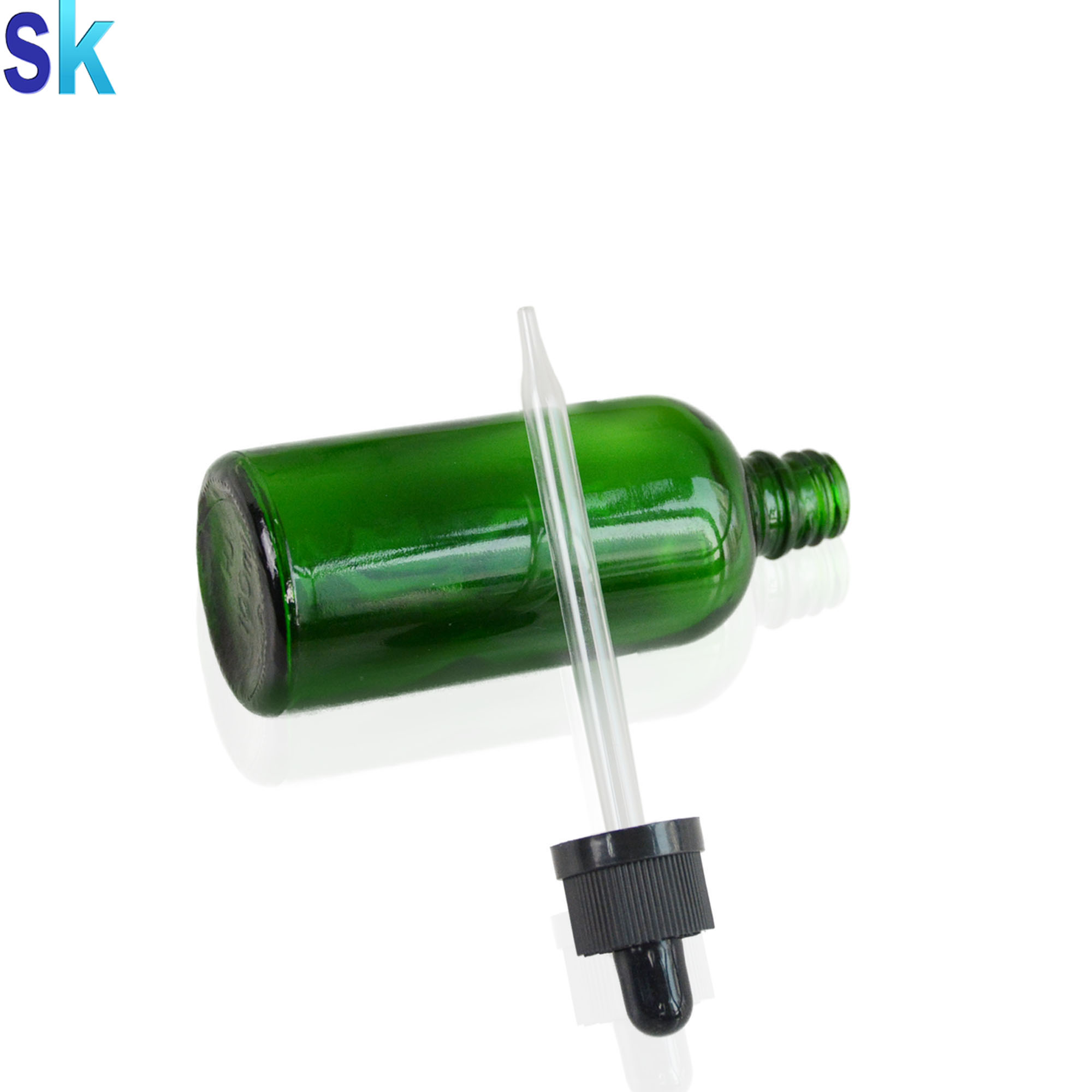 Factory price round shaped 100ml green color glass dropper bottle
