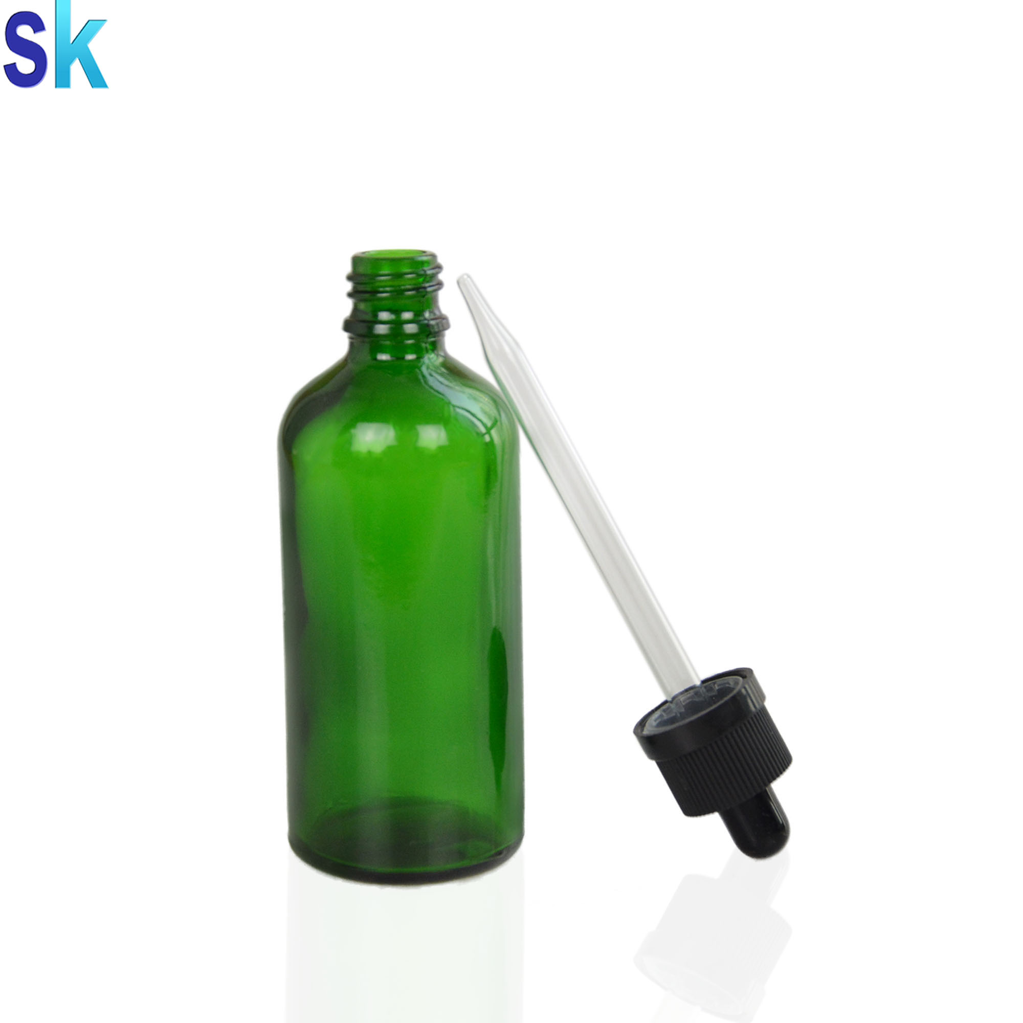 Factory price round shaped 100ml green color glass dropper bottle