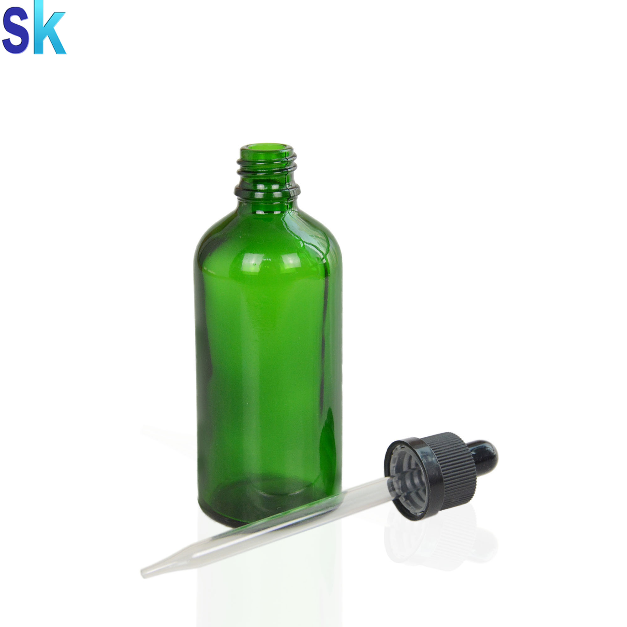 Factory price round shaped 100ml green color glass dropper bottle