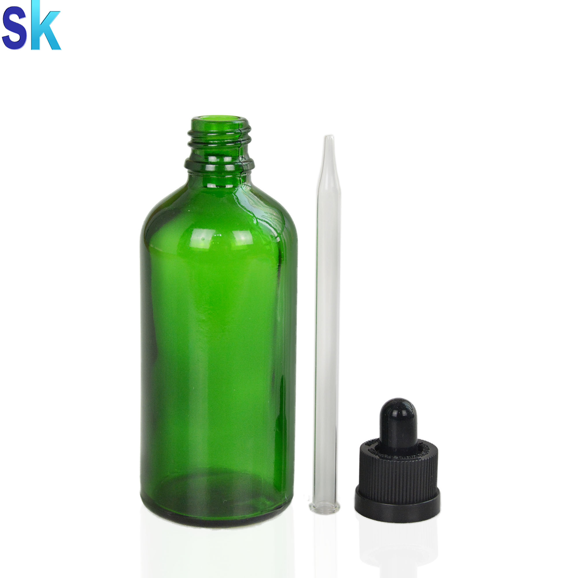 Factory price round shaped 100ml green color glass dropper bottle