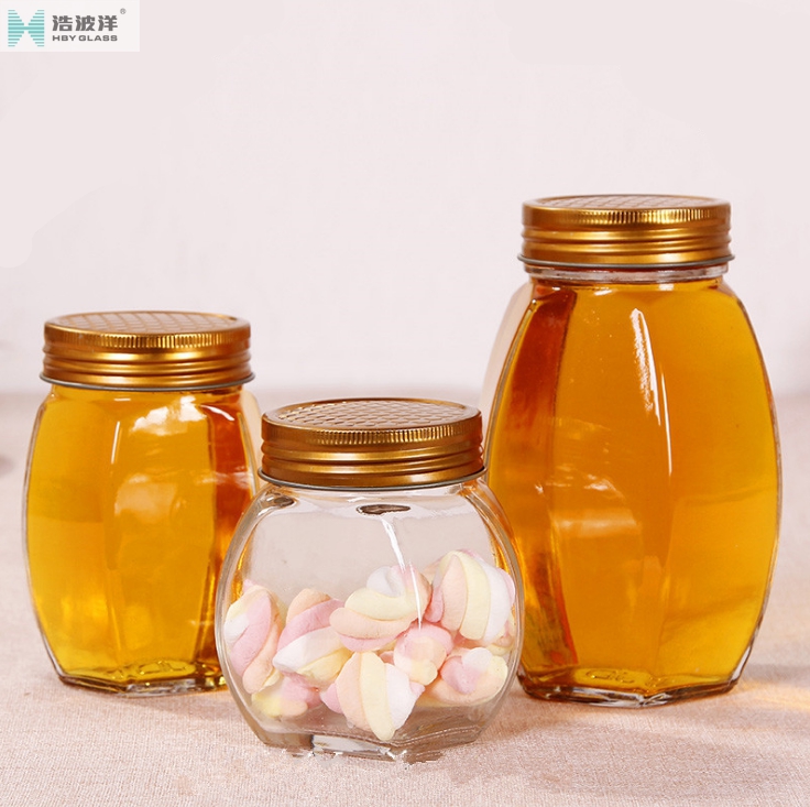 Factory sale 380ml 730ml hexagonal glass jar with tinplate lid for honey