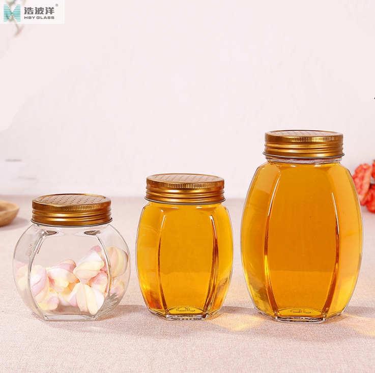Factory sale 380ml 730ml hexagonal glass jar with tinplate lid for honey