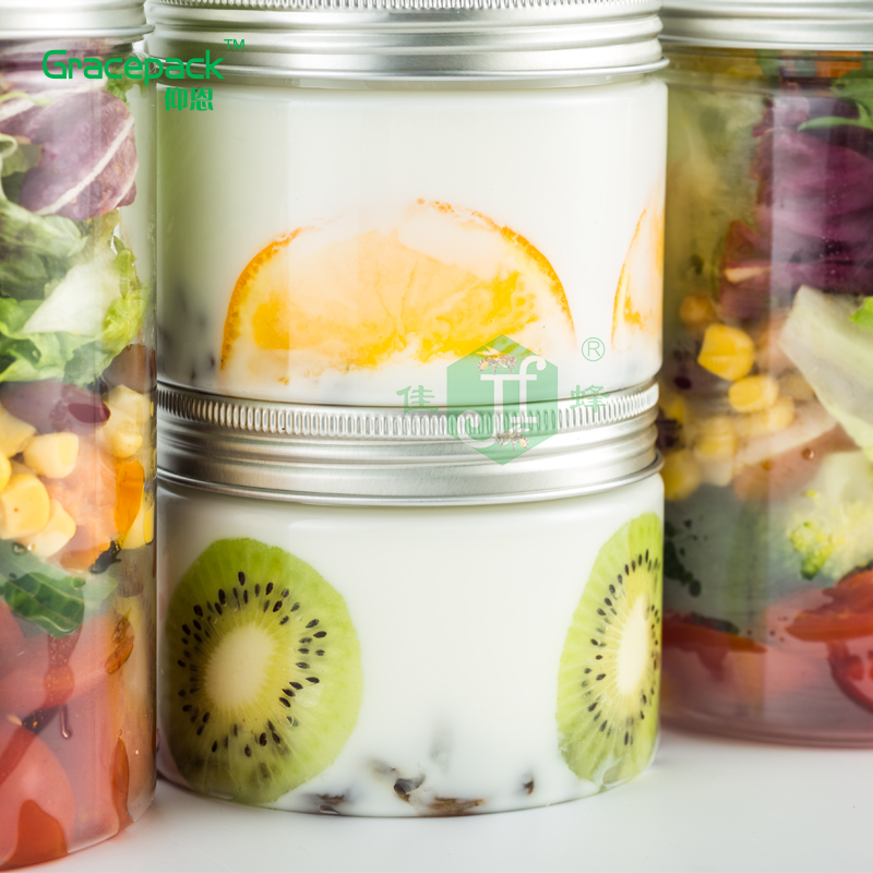 Factory sell Ice Cream Wide Mouthed Jar with aluminum cap, PET Jars With Bamboo wooden PP lid,plastic jar with bamboo lid