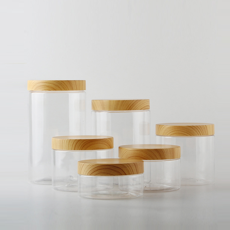 Factory sell Ice Cream Wide Mouthed plastic Jar with bamboo lid , PET Jars With Bamboo wooden PP lid