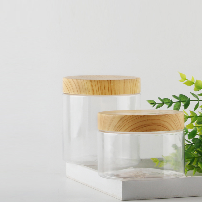 Factory sell Ice Cream Wide Mouthed plastic Jar with bamboo lid, PET Jars With Bamboo wooden PP lid
