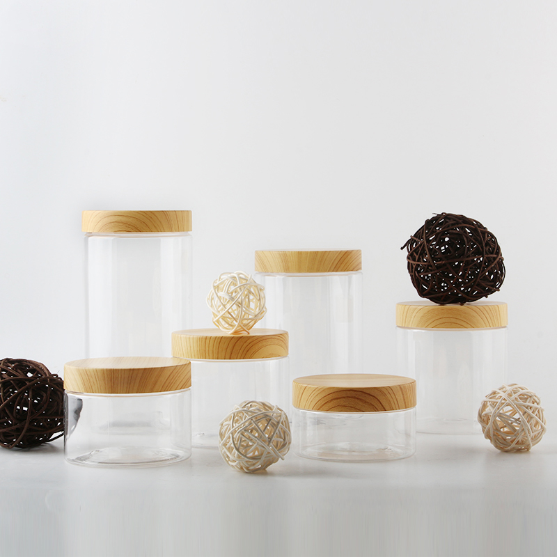 Factory sell Ice Cream Wide Mouthed plastic Jar with bamboo lid, PET Jars With Bamboo wooden PP lid
