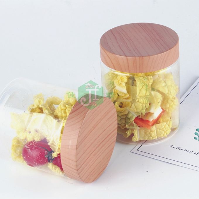 Factory sell Ice Cream Wide Mouthed plastic Jar with bamboo lid, PET Jars With Bamboo wooden PP lid