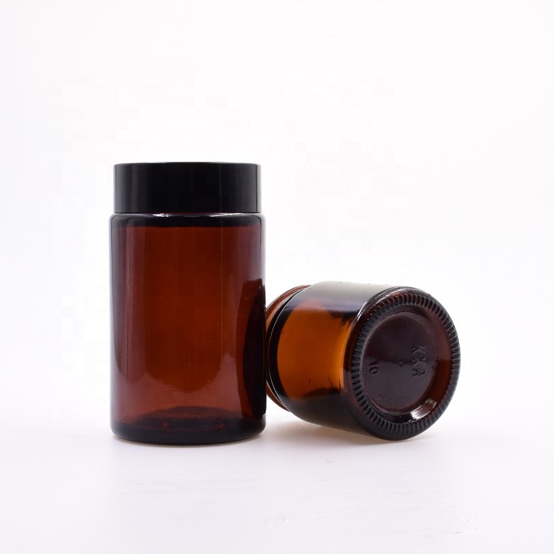 Factory smooth primary color amber round 100ml 120ml 180ml glass bottle sauce empty flower packaging glass jar with pp black lid