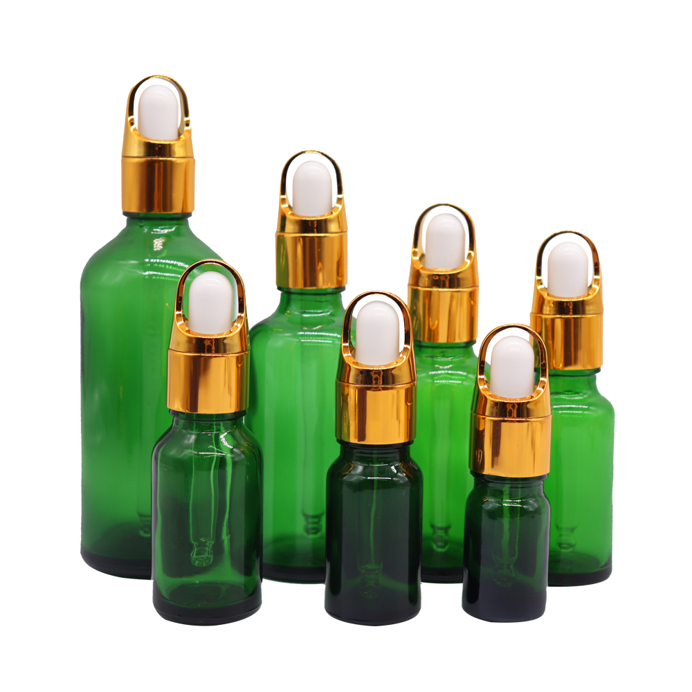 Factory stock 5ml, 10ml, 15ml, 20ml, 30ml, 50ml, 100ml green frosted essential oil bottle dropper glass fragrance bottle