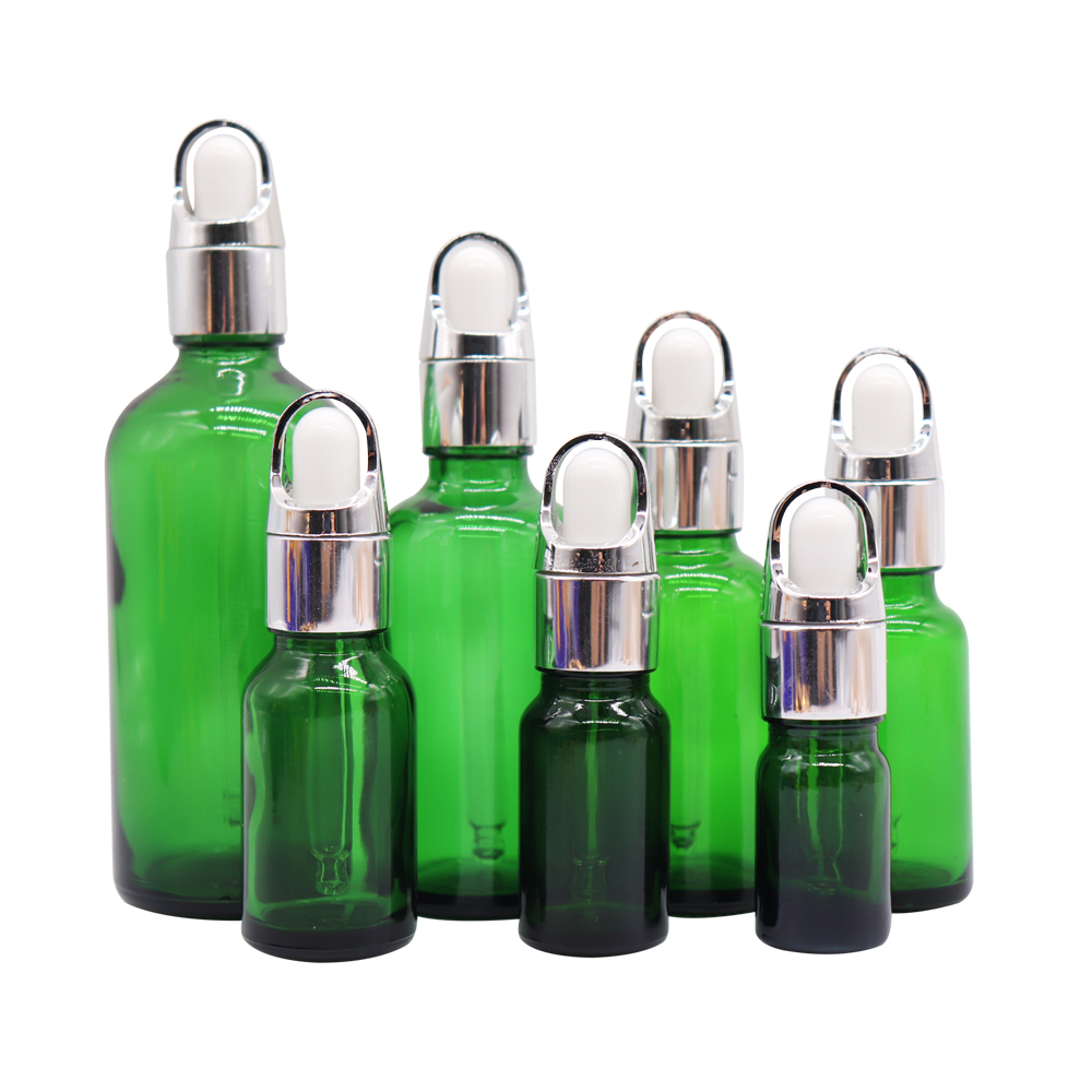 Factory stock 5ml, 10ml, 15ml, 20ml, 30ml, 50ml, 100ml green frosted essential oil bottle dropper glass fragrance bottle