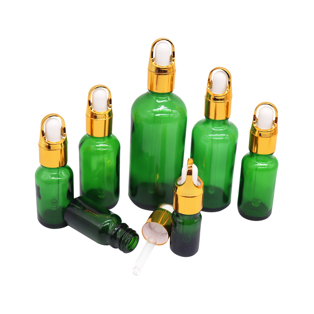 Factory stock 5ml, 10ml, 15ml, 20ml, 30ml, 50ml, 100ml green frosted essential oil bottle dropper glass fragrance bottle