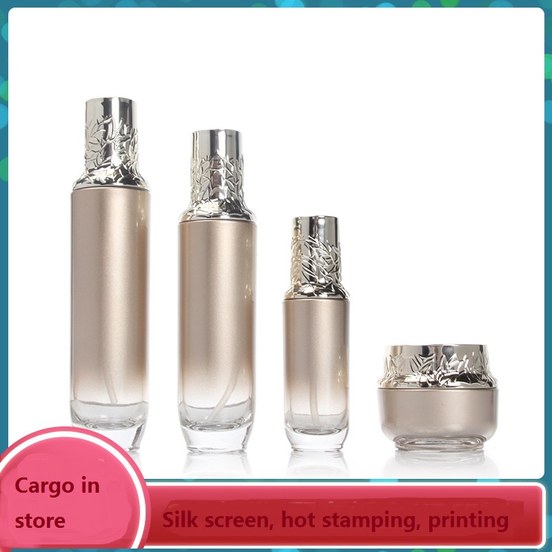 Factory supply new design 120ml 100ml 40ml 50g golden glass bottles and jars with carved cap cosmetic container package