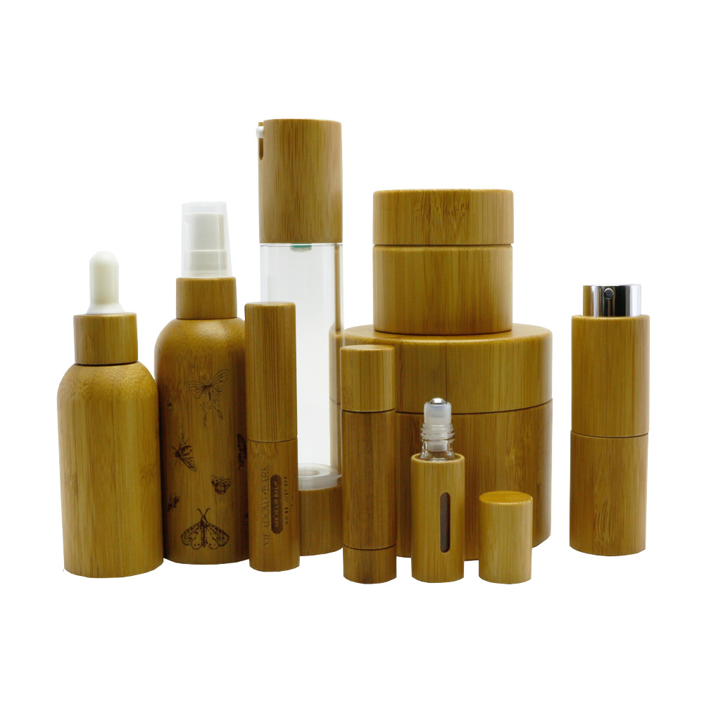 Factory wholesale cosmetic glass pump bottle cream jar black glass jar bamboo cap BP-335K