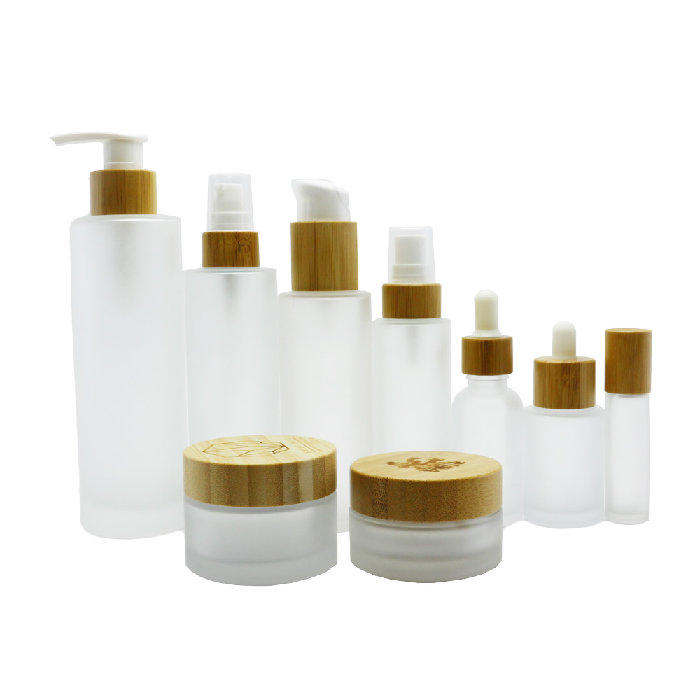 Factory wholesale cosmetic glass pump bottle cream jar black glass jar bamboo cap BP-335K