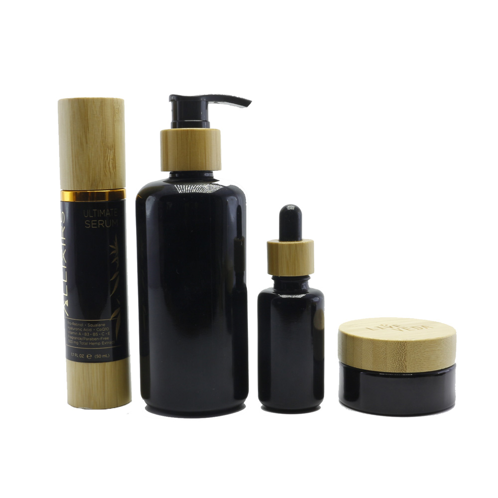 Factory wholesale cosmetic glass pump bottle cream jar black glass jar bamboo cap BP-335K