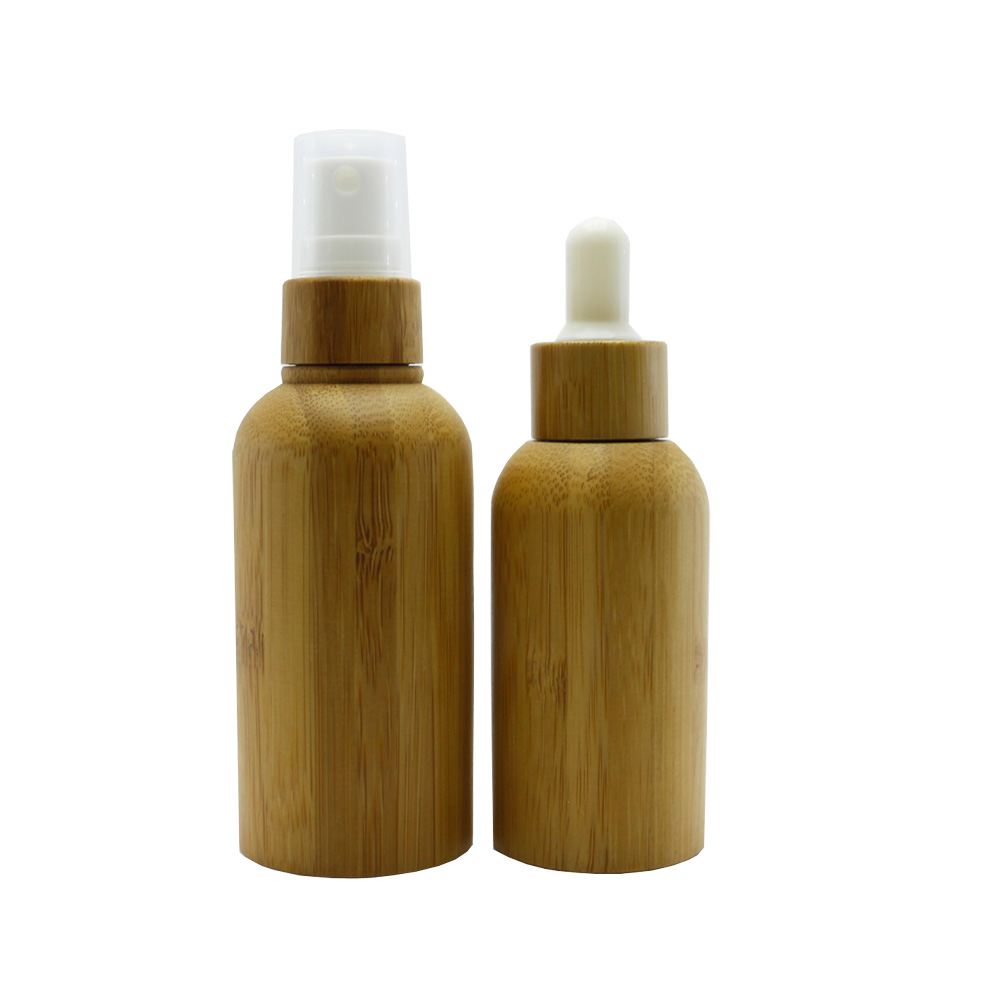 Factory wholesale cosmetic glass pump bottle cream jar black glass jar bamboo cap BP-335K