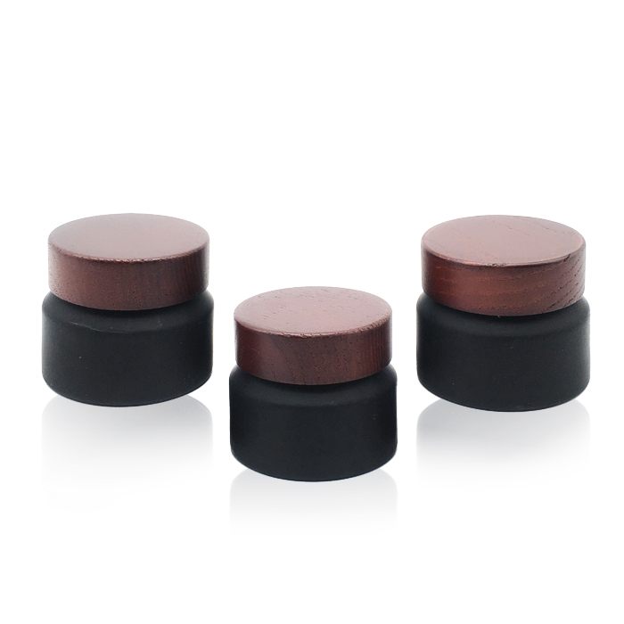 Factory wholesale cosmetic wooden lid glass cream jar glass black frosted cream jar with 100% nature bamboo cap